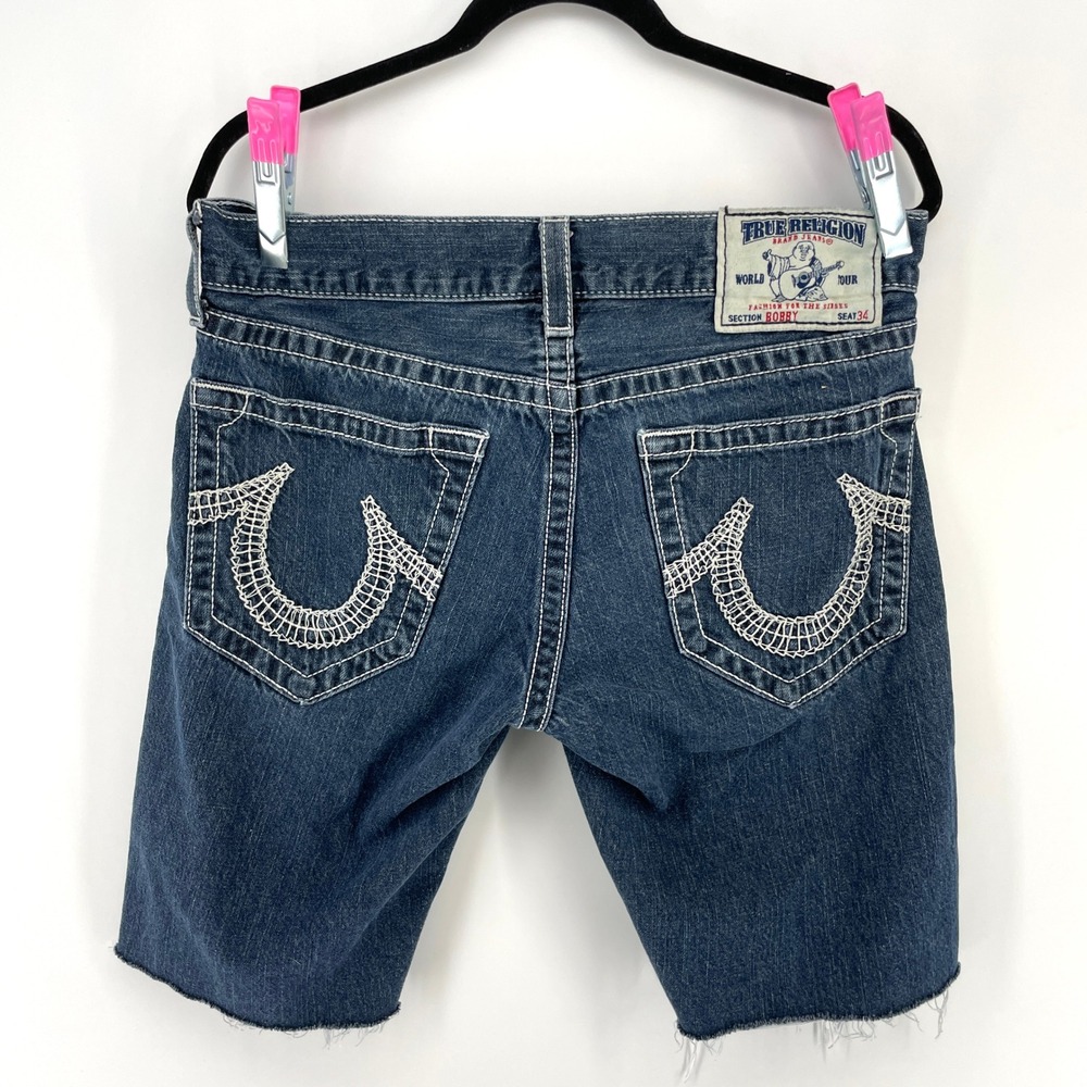 True Religion Bobby Mens 34 (Fits 32) Denim Jean Shorts Dark Wash Cut Off USA‎